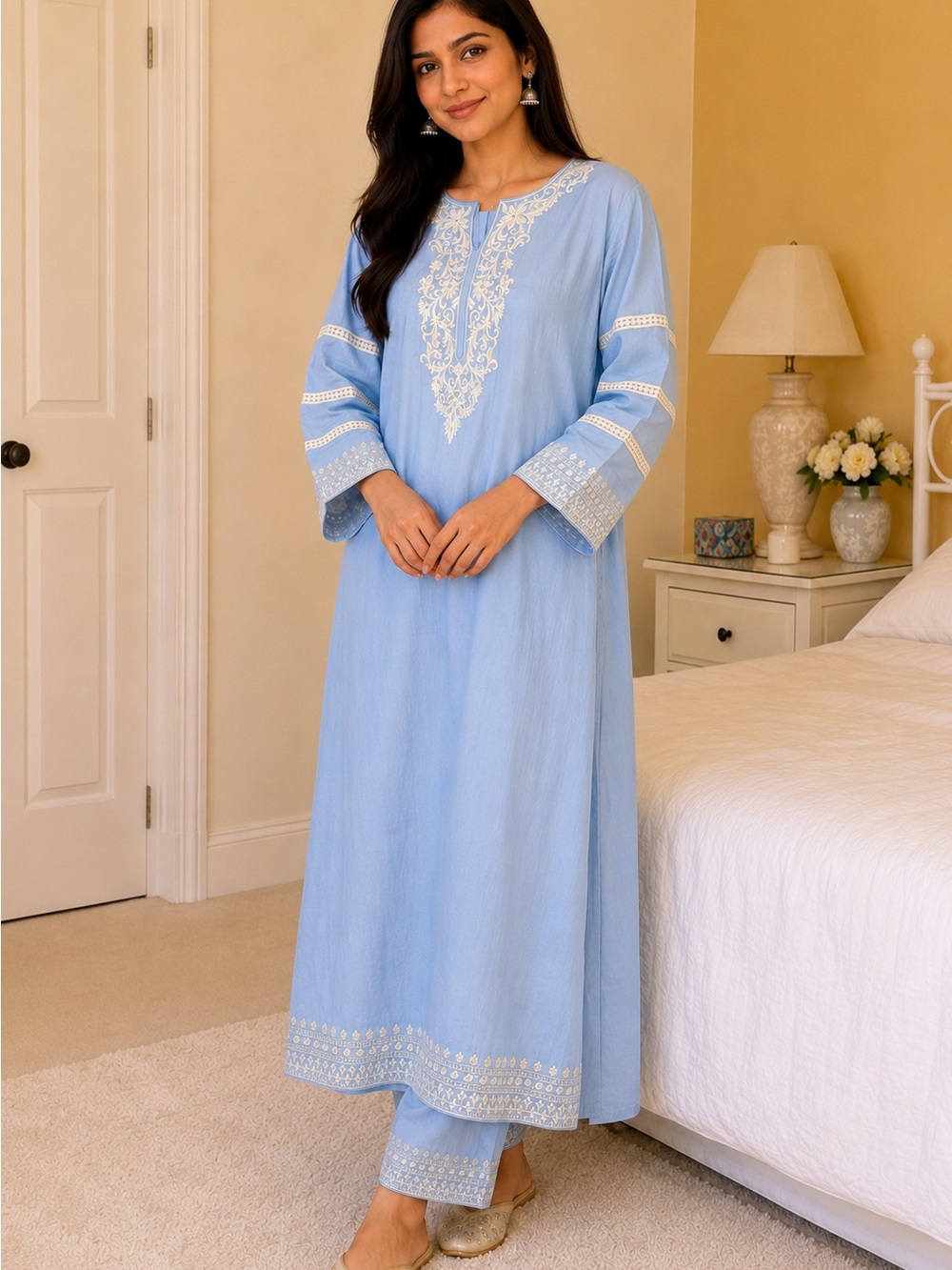 Elegant Light Blue Embroidered Women's Kurta Set